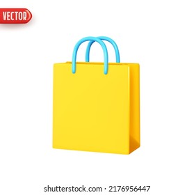 Bag with handle is stylish for shopping. Shopping yellow packages. Realistic 3d design In plastic cartoon style. Icon isolated on white background. Vector illustration