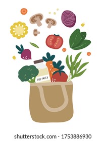 BAG OF HEALTHY VEGETABLES, FRUIT AND SOY MILK GROCERY