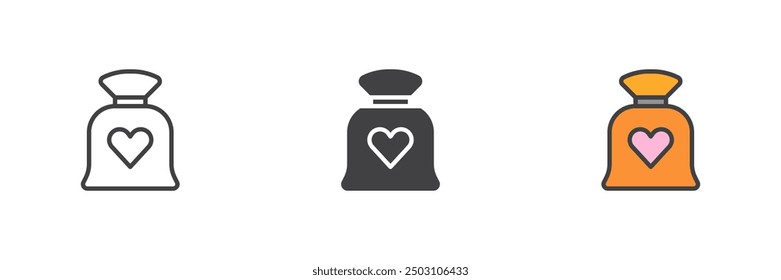 Tasche mit Herz verschiedenen Stil Symbol-Set. Linie, Glyphe und gefüllte Kontur bunte Version, Kontur und gefüllte Vektorzeichen. Symbol, Logo-Abbildung. Vektorgrafiken