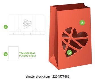 Bag with heart window die cut template and 3D mockup