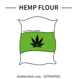 A bag of hemp flour with a leaf of hemp. Icon line art. Organic food.