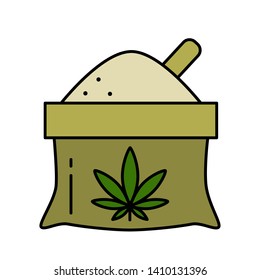 A bag of hemp flour with a leaf of marijuana. Isolated vector illustration on white background.