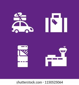 bag icon. 4 bag set with holiday suitcase, sleeping bag, airport and car with luggage on the roof rack vector icons for web and mobile app