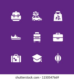 bag icon. 9 bag set with eco bag, boxing bag, briefcase and car with luggage on the roof rack vector icons for web and mobile app