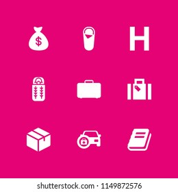 bag icon. 9 bag set with school, travel case, medical kit and sleeping bag vector icons for web and mobile app