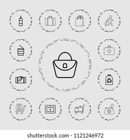 Bag icon. collection of 13 bag outline icons such as luggage, medical kit, trash bin, man with luggage, dollar. editable bag icons for web and mobile.