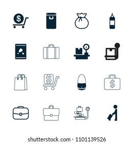 Bag icon. collection of 16 bag filled and outline icons such as man with luggage, dollar, lugagge weight, sack, case. editable bag icons for web and mobile.
