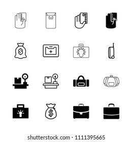 Bag icon. collection of 16 bag filled and outline icons such as luggage weight, money sack, bulb, credit card in hand, medical kit. editable bag icons for web and mobile.