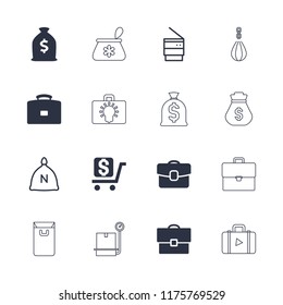 Bag icon. collection of 16 bag filled and outline icons such as case, sack, trash bin, dollar, money sack, luggage, money sack, bulb. editable bag icons for web and mobile.