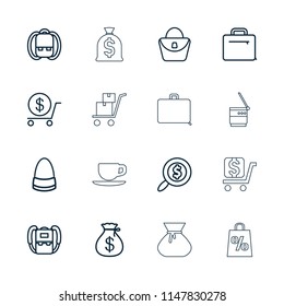 Bag icon. collection of 16 bag outline icons such as backpack, money sack, dollar, case, search dollar, money sack, sack, tea cup. editable bag icons for web and mobile.