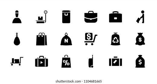 Bag icon. collection of 18 bag filled icons such as sack, man with luggage, luggage, case, money sack, suitcase, dollar, lugagge weight. editable bag icons for web and mobile.