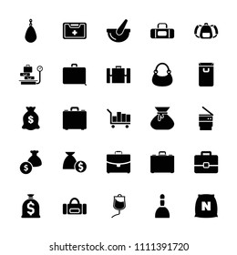 Bag icon. collection of 25 bag filled icons such as money sack, medical kit, drop counter, bucket, case, trash bin, suitcase, sack. editable bag icons for web and mobile.