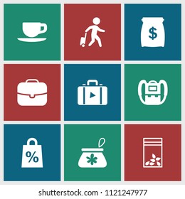 Bag icon. collection of 9 bag filled icons such as backpack, case, money sack, shopping sale, man with luggage, luggage. editable bag icons for web and mobile.