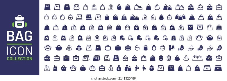 Bag icon collection. Containing shopping bag, handbag, purse, money bag and backpack icon.