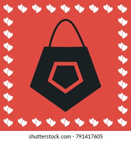Bag icon flat. Simple black pictogram on red background with white hearts for valentines day. Vector illustration symbol