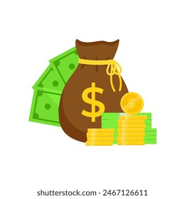 Icono de bolso con dólares de oro y billetes de dólar Ilustración vectorial plana aislado sobre fondo blanco