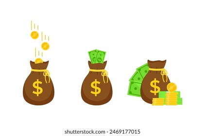 Bag icon with golden dollars and dollar bills. Falling coins into bag flat vector illustration isolated on white background