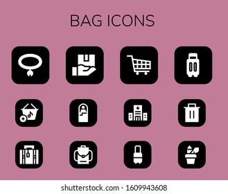 bag icon set. 12 filled bag icons. Included Collar, Basket, Luggage, Package, Sleeping bag, Backpack, Shopping cart, Hospital, Suitcase, Trash, Pencil case icons