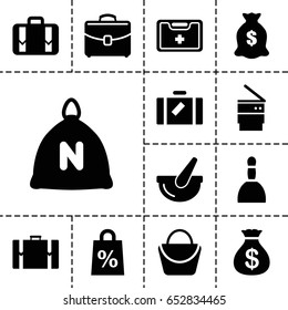 Bag icon. set of 13 filled bagicons such as sack, luggage, spa bag, woman bag, money sack, money sack, medical kit, bucket, case, trash bin, suitcase