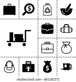 Bag icon. set of 13 filled and outline bag icons such as luggage, bucket, case, tea, search dollar, money sack, bulb