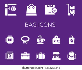 bag icon set. 14 filled bag icons. Included Punching bag, Shopping Package, Trolley, Chip, Briefcase, Collar, Travel Coffee, Shop, Wallet, Backpack, icons