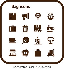 bag icon set. 16 filled bag icons.  Collection Of - Package, Promotion, Suitcase, Trash, Tea, Coffee cup, Fertilization, Hiking, Collar, Shop, Chip, Shopping bag, Trolley icons