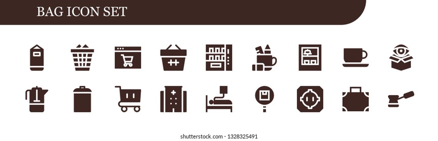 bag icon set. 18 filled bag icons.  Simple modern icons about  - Punching bag, Waste, Online shop, Basket, Vending machine, Pencil case, Shop, Coffee cup, Package, French press