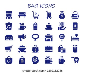  bag icon set. 30 filled bag icons. Simple modern icons about  - Backpack, Picnic, Shopping cart, Trolley, Money bag, Bag, Trash, Pencil case, Punching , Coffee, Money, Barcode