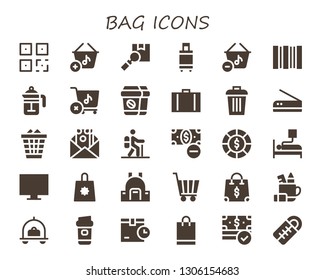 bag icon set. 30 filled bag icons.  Simple modern icons about  - QR, Basket, Package, Suitcase, Barcode, French press, Store, Coffee, Trash, Scan, Waste, Money, Hiking, Chips