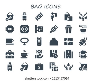 bag icon set. 30 filled bag icons.  Collection Of - Basket, Suitcase, Sugar, Stork, Shopping bag, Golf, Chip, Dohyo, Music store, Pastry Popcorn, Tea, Coffee cup, Collar