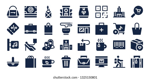 bag icon set. 32 filled bag icons. on blue background style Collection Of - Bag, Coupon, Music store, Basket, Money, Briefcase, Blood donation, Shopping Package, Business