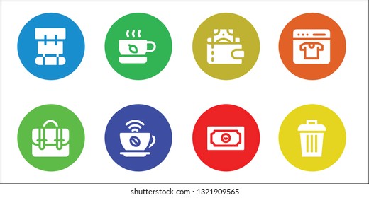 bag icon set. 8 filled bag icons.  Simple modern icons about  - Backpack, Briefcase, Tea, Coffee, Wallet, Money, Online shop, Trash