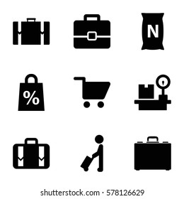 bag icon. Set of 9 bag filled icons such as man with luggage, bag with ground, lugagge weight, luggage, case, shopping cart, suitcase