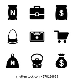 bag icon. Set of 9 bag filled icons such as sack, Money sack, medical kit, shopping cart, case