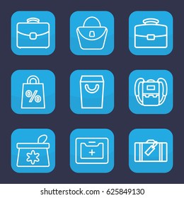 Bag icon. set of 9 outline bag icons such as luggage, backpack, medical kit, case