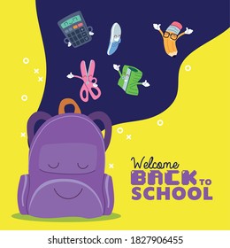 bag and icon set cartoons design, Back to school eduacation class lesson theme Vector illustration