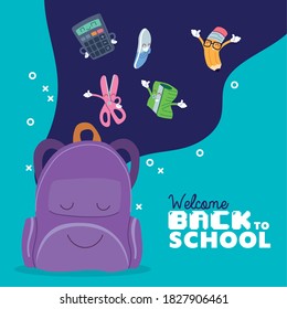 bag and icon set cartoons design, Back to school eduacation class lesson theme Vector illustration