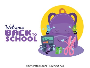 bag and icon set cartoons design, Back to school eduacation class lesson theme Vector illustration