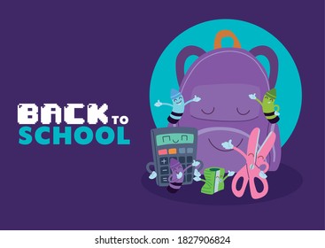 bag and icon set cartoons design, Back to school eduacation class lesson theme Vector illustration