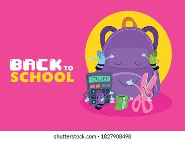 bag and icon set cartoons design, Back to school eduacation class lesson theme Vector illustration
