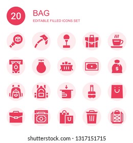 bag icon set. Collection of 20 filled bag icons included Package, Ice axe, Punching ball, Briefcase, Coffee, Withdraw, Shopping cart, Money, Backpack, Bag, Shopping, Portfolio