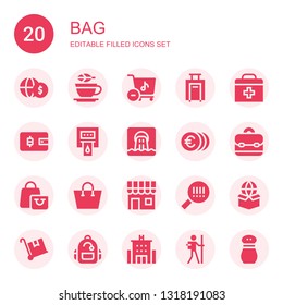 bag icon set. Collection of 20 filled bag icons included Money, Tea, Store, Luggage, First aid, Wallet, Blood donation, Waste, Briefcase, Shopping bag, Shop, Barcode, Package