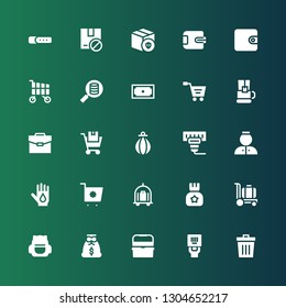 bag icon set. Collection of 25 filled bag icons included Trash, Barcode, Ice box, Money bag, Backpack, Trolley, Money, Shopping cart, Blood donation, Bellhop, Punching Portfolio