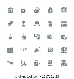 bag icon set. Collection of 25 filled bag icons included Siam paragon, Backpack, Tea, Trolley, Shopping cart, Money, Package, Promotion, Collar, First aid, Shopping bag, Barcode