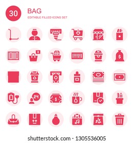 bag icon set. Collection of 30 filled bag icons included Trolley, Bellhop, Barcode, Buy online, Grocery, Shopping bag, Shopping cart, Garbage, Shop, Trash, Withdraw, Ear dropper