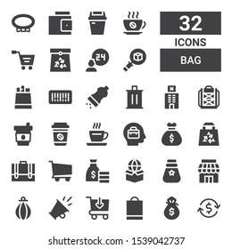 bag icon set. Collection of 32 filled bag icons included Investment, Money bag, Shopping Buy online, Promotion, Punching Store, Money, Package, Shopping cart, Briefcase