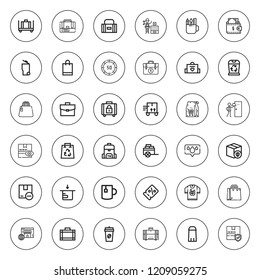 Bag icon set. collection of 36 outline bag icons with baby bag, bag, briefcase, blood donation, cart, chip, coffee, coupon, hospital, merchandise icons. editable icons.