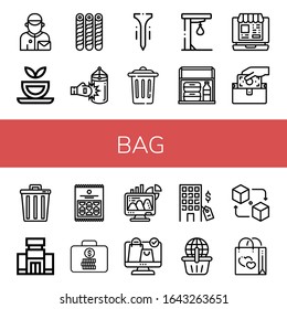 bag icon set. Collection of Postman, Herbal tea, Wafer, Punching bag, Tee, Trash, Punching ball, Thermo bag, Online shopping, Wallet, Shopping mall, Crisps, Suitcase, Office icons