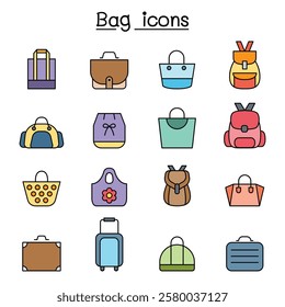 Bag icon set in color line style