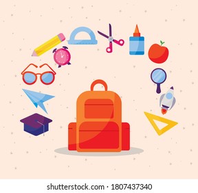 bolsa con diseño de conjunto de iconos, Volver a la escuela tema de clase de enseñanza Vector ilustración
